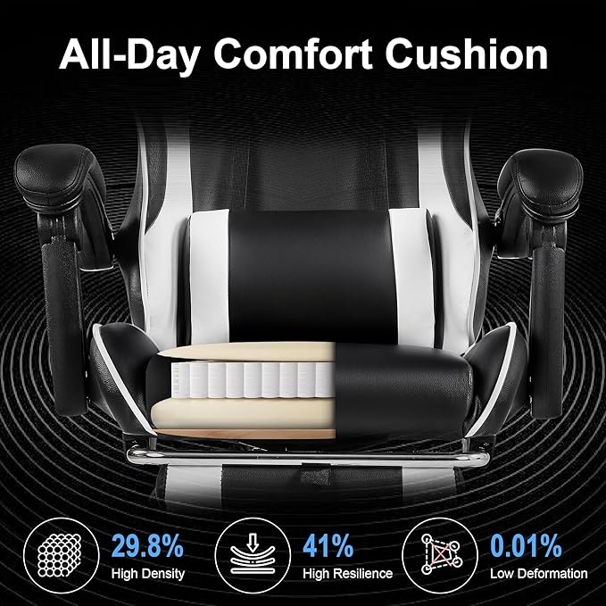 VECELO Ergonomic Gaming Chair with Footrest, Comfy Recliner Computer Chair, Swivel Seat, Height Adjustable, High Back PU Leather, Lumbar Support, Headrest for Adults, Black
