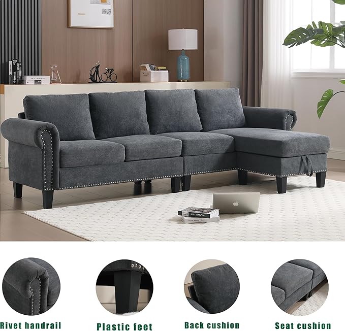 Ball & Cast 106" Convertible Sectional Sofa with Storage Chaise, Linen Upholstered 4 Seater Couch with Back Cushions and Removable Ottoman for Living Room, Apartment, Office,Gray