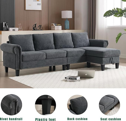 Ball & Cast 106" Convertible Sectional Sofa with Storage Chaise, Linen Upholstered 4 Seater Couch with Back Cushions and Removable Ottoman for Living Room, Apartment, Office,Gray