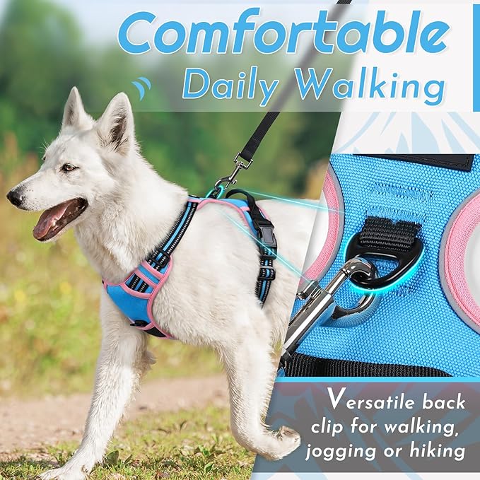 Eagloo Dog Harness for Large Dogs, No Pull Service Vest with Reflective Strips and Control Handle, Adjustable and Comfortable for Walking, No Choke Harness with 2 Metal Rings, Pink & Blue, M