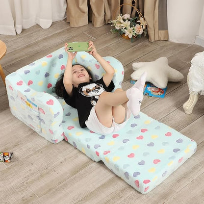 Toddler Couch, 2-in-1 Toddler Soft Couch Fold Out with Star Pillow, Convertible Sofa to Lounger for Girls and Boys, 1-Seat