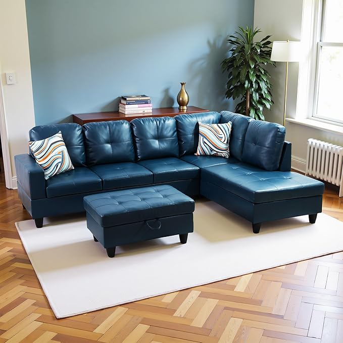 Couches for Living Room PU Leather L Shaped Couch Comfy 3 Pieces Sectional Sofa with Chaise, Ottoman with Storage for Office and Small Apartment, Peacock Blue