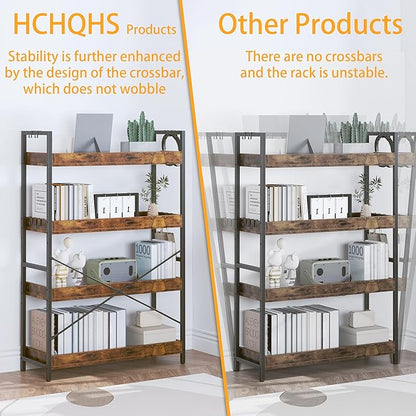 HCHQHS 4 Tier Bookshelf, Adjustable Industrial Bookcase, Vertical Tall Book Shelf, Wood and Black Metal Open Bookshelves for Home Office, Living Room, Bedroom