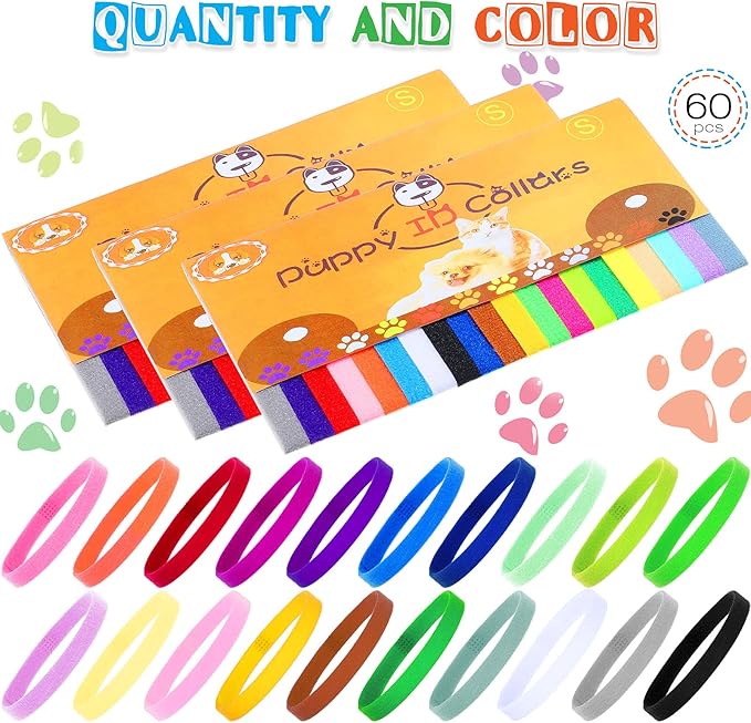 Frienda 60 Pieces Puppy Whelping Collars Newborn Pet Collars Double-Sided Adjustable ID Bands Puppy ID Bands for Newborn Pet Dog Cat(S, M, L)