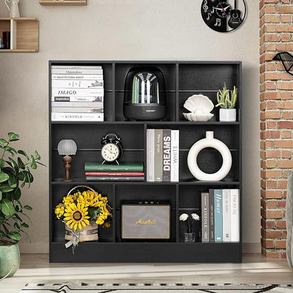 YAHARBO Black Wide Bookshelf,3 Tier Modern Horizontal Bookcase,Wood Low Bookshelves Display Storage Cabinet with Base,Floor Standing 8 Cube Large Bookcases Organizer for Bedroom,Living Room,Office