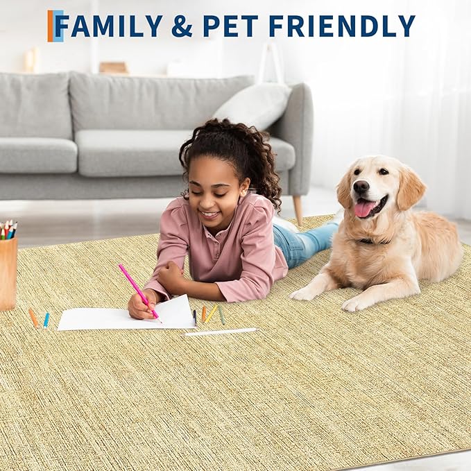 Modern Solid Color Area Rug 10x13 Large Living Room Area Rug Washable Abstract Bedroom Rugs Non Slip Boho Dining Room Throw Carpet Soft Stain Resistant Minimalist Rugs for Nursery Home Office, Tan