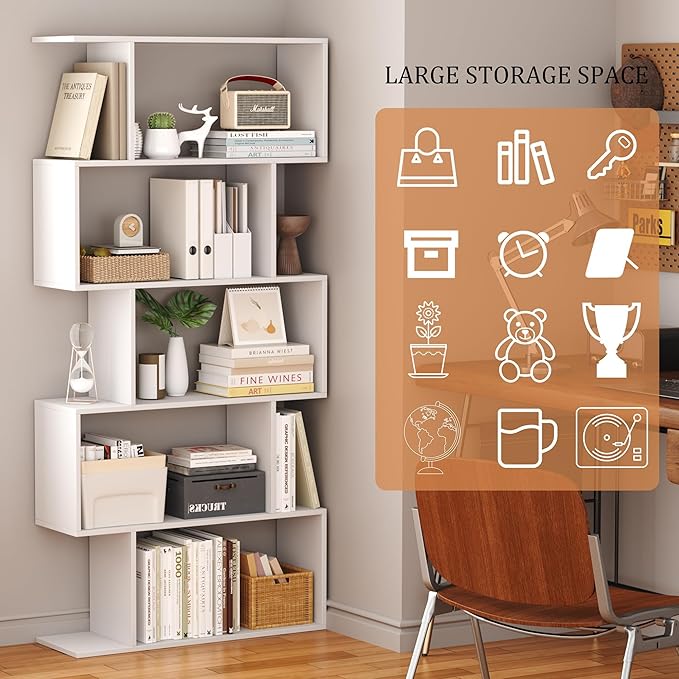 Yusong Bookshelf 5-Tier, Geometric Bookcase S Shaped Book Shelves for Bedroom, Modern Wood Decorative Display Shelf Book Case for Home Office, White