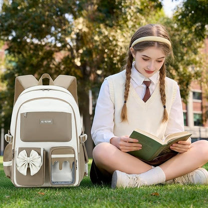 School Backpack for Girls 3PCS Nylon Kids Backpack Set with Lunch Box & Pencil Pouch, Cute Lightweight Teen Girls School Bag Laptop Bag Travel Daypack for Elementary Middle High School Beige Brown