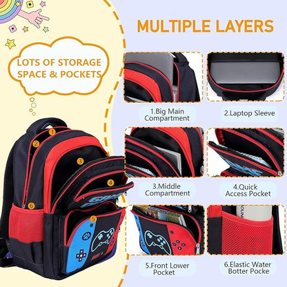 Kids Backpack Boys Gamer Backpack with Lunch Box Kindergarten Elementary Middle School Travel Sport Gaming Bookbag for Boys Girls Ages 4-14, Gamer Blue Red