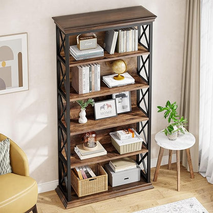 Tribesigns 6-Tier Bookcase, 71 Inches Industrial Bookshelves and Bookcases, Floor Standing 5 Shelf Display Storage Shelves Tall Bookcase for Home Office, Living Room, Bed Room, Brown and Black