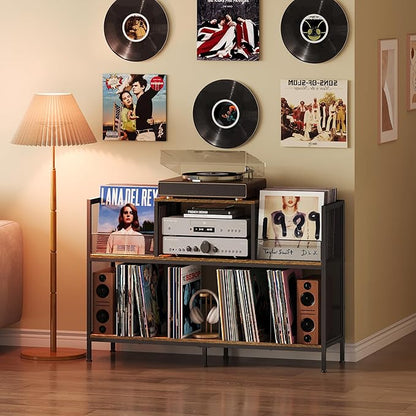 Large Vintage Record Player Table with 4 Adjustable Dividers, Vinyl Record Storage Cabinet for Up to 350 Albums, Medieval Turntable Stand for Living Room, Bedroom (Patent Pending)