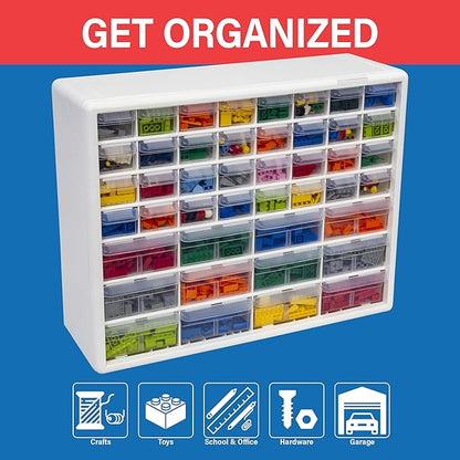 Akro-Mils 44-Drawer Plastic Drawer Storage Cabinet for Garage Organization, Bead Organizer, Building Bricks Storage, Teacher Toolbox, Makeup Organizer, 20" W x 6" D x 16" H, 10144 White