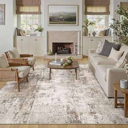 8x10 Washable Area Rug Brown Grey Neutral Abstract Living Room Bedroom Large Throw Rug Non Slip Soft Low Pile Indoor Floor Carpet for Dining Room Kitchen Office Entryway