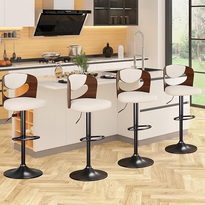 VECELO Bar Stools Set of 2,Kitchen Island Stools with Bentwood Back,Arm&Footrest,Counter Height Stools PU Leather Adjustable Height,Swivel Bar Chairs for Club Pub Dining Room, Ivory White