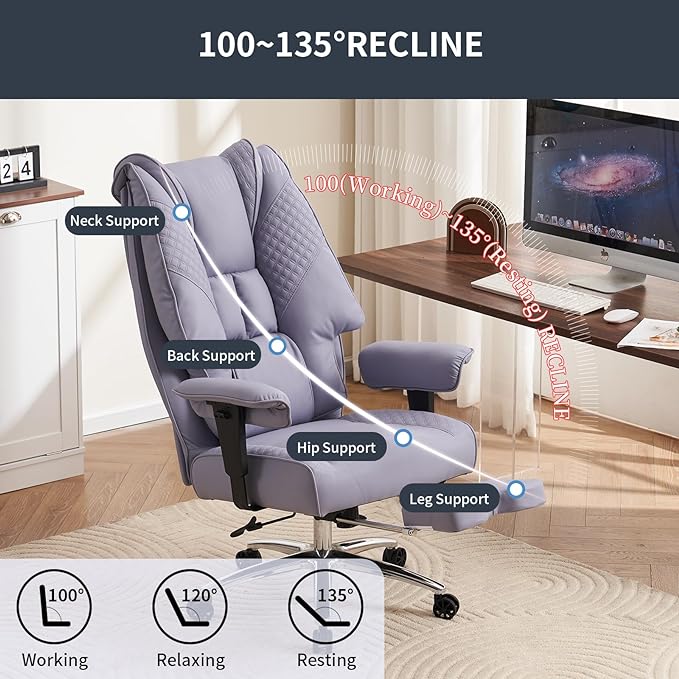 Big and Tall Office Chair 400lbs Wide Seat, Leather High Back Executive Office Chair with Foot Rest, Ergonomic Chairs Lumbar Support for Lower Back Pain Relief (Light Purple)