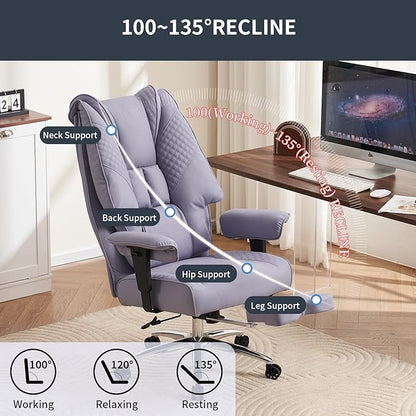 Big and Tall Office Chair 400lbs Wide Seat, Leather High Back Executive Office Chair with Foot Rest, Ergonomic Chairs Lumbar Support for Lower Back Pain Relief (Light Purple)