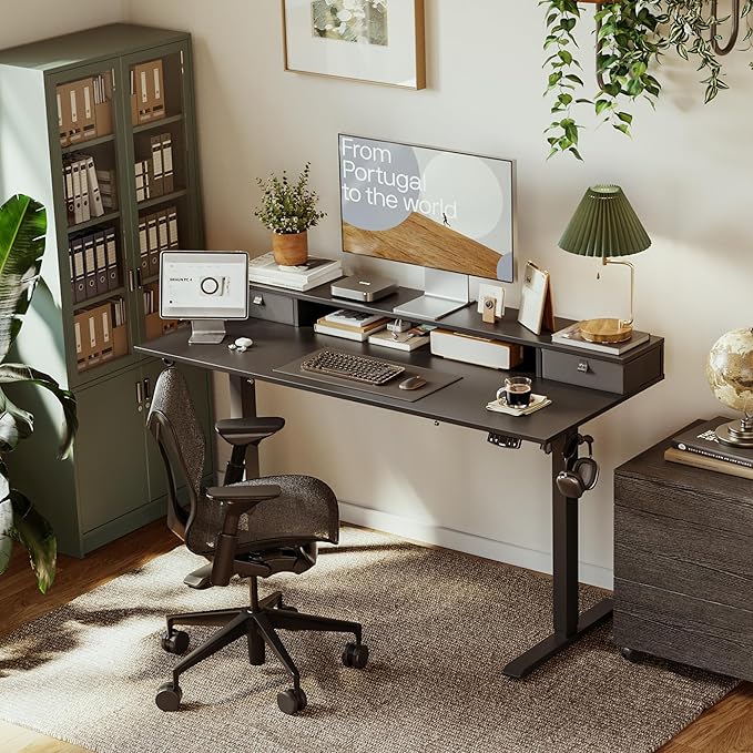 Agilestic 53x 24 Inches Height Adjustable Electric Standing Desk with 2 Drawers, Stand Up Electric Desk Adjustable Height, Sit Stand Computer Gaming Table with Splice Board, Black