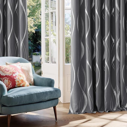 NICETOWN Gray Blackout Curtains 72 inch Long for Bedroom - Microfiber Noise Reducing Thermal Insulated Wave Line Foil Print Design Drapes for Patio Sliding Glass Door (2 Panels, 52 x 72 Inch)