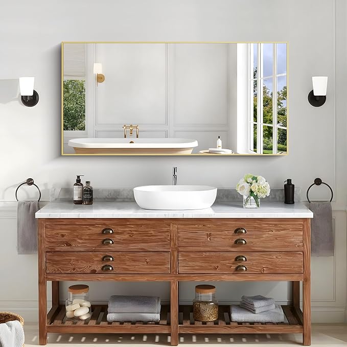 KOCUUY Gold Bathroom Mirror, 24x48 inch Brushed Gold Mirror for Over Sink, Aluminum Framed Rectangular Bathroom Mirror for Bedroom Living Room Bathroom, Hang Horizontal/Vertical