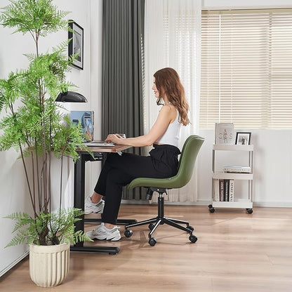 YOUNIKE Armless Home Office Desk Chair with Wheels Compact Comfy Vanity Chair with Adjustable Back Modern Small Leather Upholstered Rolling Swivel Cute Task Drafting Sewing Chair No Arms Olive Green