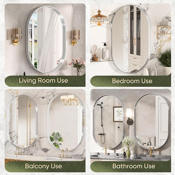 Suidia 24" x 36" Bathroom Mirror, Bathroom Vanity Mirror Metal Framed, Wall-Mounted Mirrors for Bedroom, Living Room, Entryway, Hallway, Silver, Oval Style