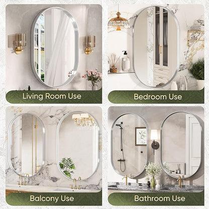 Suidia 24" x 36" Bathroom Mirror, Bathroom Vanity Mirror Metal Framed, Wall-Mounted Mirrors for Bedroom, Living Room, Entryway, Hallway, Silver, Oval Style
