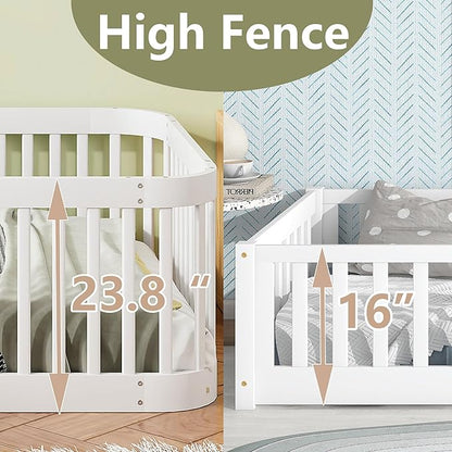 Bellemave Twin Floor Bed with High Fence and Rounded Corner Design, Wood Montessori Floor Bed with Guardrail and Entrance, Easy Assemble Montessori Bed Twin Size, White