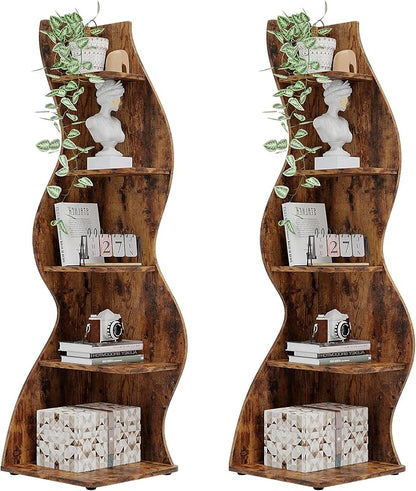 Tribesigns Corner Shelf, Rustic 5-Tier Wall Corner Bookshelf, Stylish Corner Small Bookcase Storage Rack Plant Stand with Unique Shape for Living Room, Home Office (2PCS, Brown)