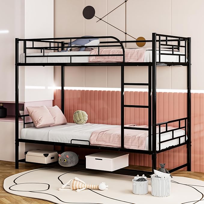Twin Over Twin Metal Bunk Bed with Shelf and Guardrails, Heavy-Duty Steel Bed Frame,Built-in Ladder,Can Be Divided into 2 Separate Beds,for Kids Teens Adults,Black