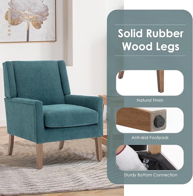 COLAMY Modern Wingback Living Room Chair, Upholstered Fabric Accent Armchair, Single Sofa Chair with Lounge Seat and Wood Legs for Bedroom/Office/Reading Spaces, Teal