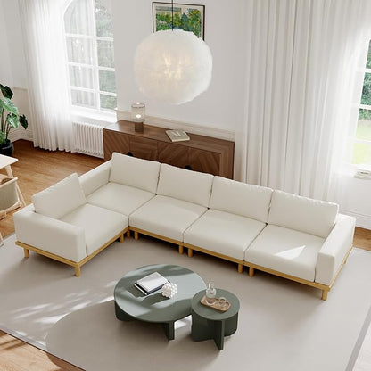Acanva Minimalist Modular Sectional Sofa for Living Room, Wide & Deep Seat Convertible Furniture Set with Metal Frame and Movable Covers, 5 Piece, Off White