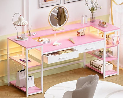 Pamray 58 Inch Computer Desk with Monitor Stand and Shelves Gaming Desk with LED Lights & Power Outlets PC Vanity Table with 2 Drawers for Home Office Pink