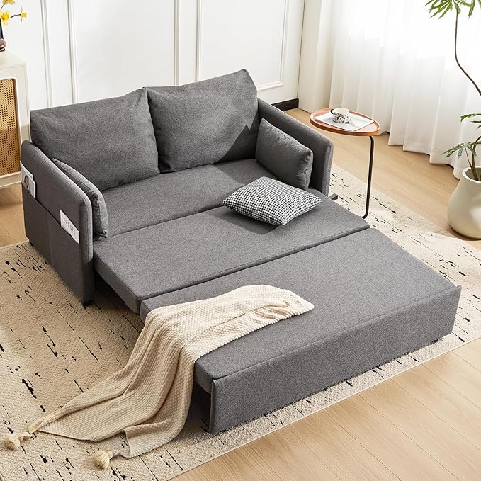 Furnimart 62" Queen Size Pull Out Sofa Bed, 3 in 1 Convertible Sleeper Bed with 6-Position Adjustable Backrest & Side Pockets, Modern Linen Loveseat Futon Couch for Living Room, Apartment, Dark Grey