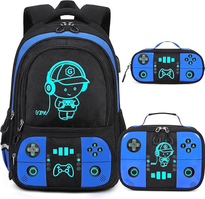 Bevalsa Backpack for School Boys, Cool Luminous Gamer Boys Backpack with Lunch Box & Pencil Pouch Set for Kids Children Teens Elementary Middle Schools, Schoolbag Bookbag Glow In The Dark (Blue)