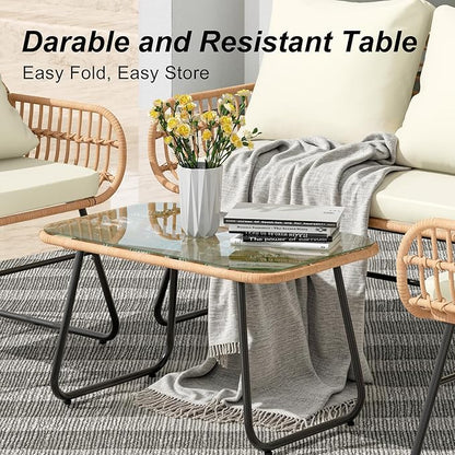LEX CRAFT 4-Piece Wicker Outdoor Patio Furniture Set with Cushions & Tempered Glass Table, All-Weather Rattan Bistro Set with Loveseat Chairs Table Soft Cushions for Garden, Porch, Backyard (Beige)
