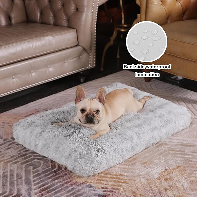 Bedfolks Plush Dog Crate Bed, Washable Cover, Faux Fur Dog Kennel Pad - 35"x23", Grey