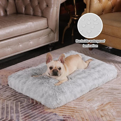 Bedfolks Plush Dog Crate Bed, Washable Cover, Faux Fur Dog Kennel Pad - 35"x23", Grey