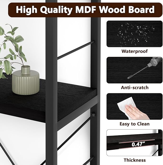 7-Tier Corner Bookshelf, Reversible Wooden Shelves, Industrial Bookcase with Open Shelves and Sturdy Metal Frame, Display Shelf Storage Rack for Living Room, Bedroom, Home Office (Black)