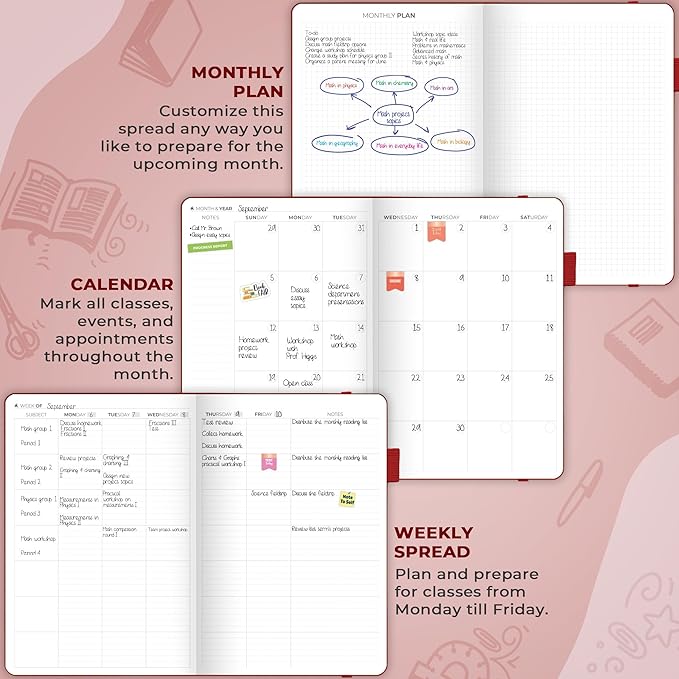Clever Fox Teacher Planner – School Year Planner with Calendars & Lesson Plans – Teacher Plan Book for Classroom & Homeschool Organization - Undated, 7x10″, Hardcover (Wine Red)