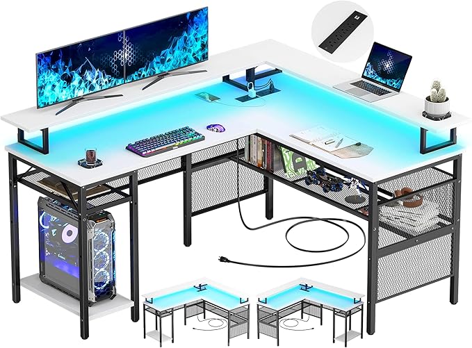 Unikito L-Shaped Desk with LED Strip and Power Outlets, Reversible Corner Computer Desk with Monitor Stand and Storage Shelf, Modern L-Shaped Gaming Table, Home Office Desk with USB Ports, White
