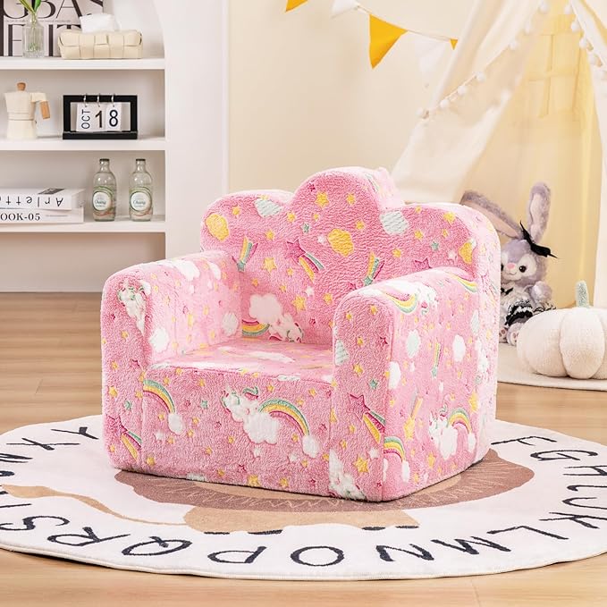Tiita Kids Couch Plush Toddler Chair, Cloud-Like Glow in The Dark Kids Sofa Toddler Reading Chair with Washable Cover Carrying Handle, Convertible Children Sofa Chair for Girls and Boys