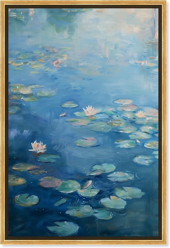 Art Remedy Lilypads In Blues Framed Impressionism 1 Piece Canvas Wall Art/Monet And Van Gogh Inspired Art, 31.5" x 46.5", Gold Frame