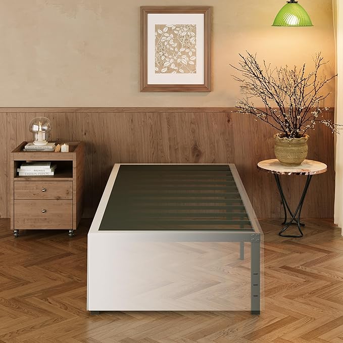 EMODA 18 Inch Twin XL Bed Frames with White Cover, Heavy Duty XL Twin Metal Platform Bed Frame No Box Spring Needed, Noise Free, Easy Assembly