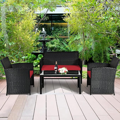 Tangkula Patio Wicker Conversation Furniture Set, Patiojoy Sofa & Table Set w/4 Seats, Outdoor Rattan Sofa Set for Balcony Backyard, Wicker Chair Set with Tempered Glass Coffee Table (1, Red)