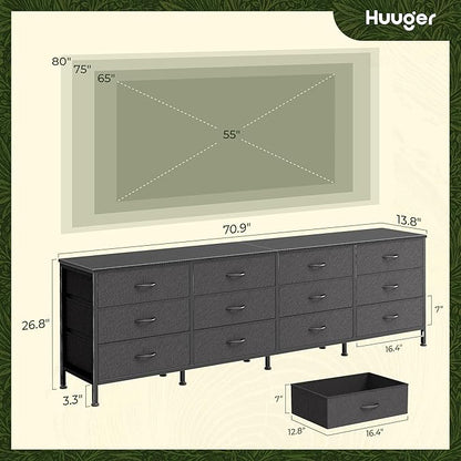 Huuger 70 Inch Black Dresser for Bedroom, TV Stand for 65, 75, 80 Inch TV, 12 Fabric Drawer Long Dresser, Wide Chest of Drawer, Storage Units for Living Room