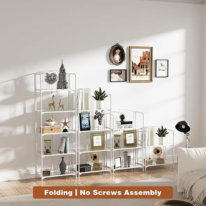 Crofy No Assembly Folding Bookshelf for Living Room, 2 Tier White Collapsible Book Shelf for Home Office, Portable Bookcase Storage Organizer