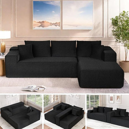 Cloud Sectional Couch, 104”L-Shape Large Oversized Sofa with Left Chaise Lounge, Modular Sleeper Couch with Pillows & Deep Seat, Flannel Velvet Compressed Sofa for Living Room, Black