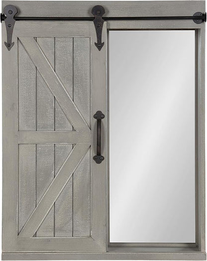 Kate and Laurel Cates Decorative Wood Wall Storage Cabinet with Rectangle Mirror and Sliding Barn Door, 22 x 28, Rustic Gray, Farmhouse Decor for Wall Storage