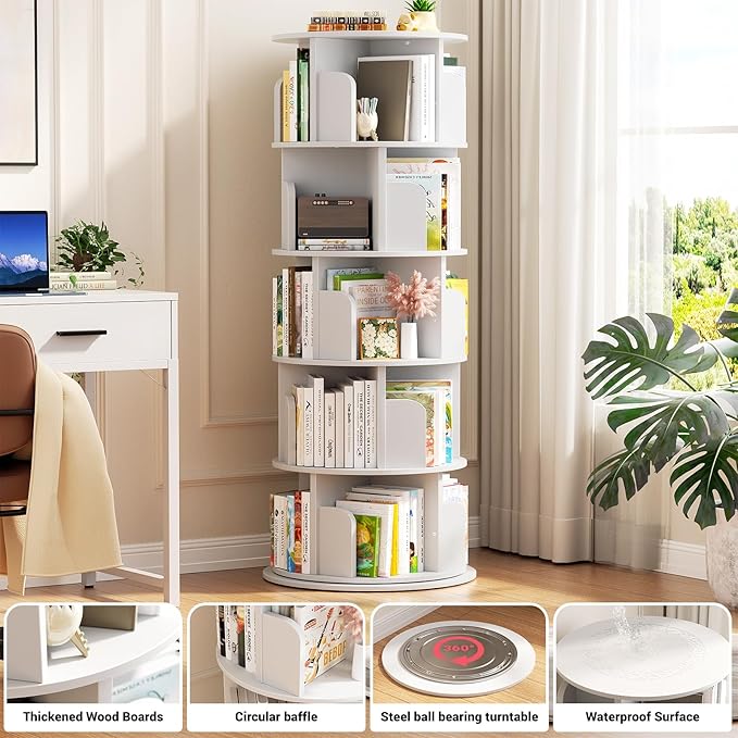 Aheaplus Rotating Bookshelf, 360 Display Wood Spinning Bookshelf Tower, 5 Tier Floor Standing Bookcase Storage Rack, Revolving Bookcase Corner Bookshelfs for Small Space, Bedroom, Study Room, White