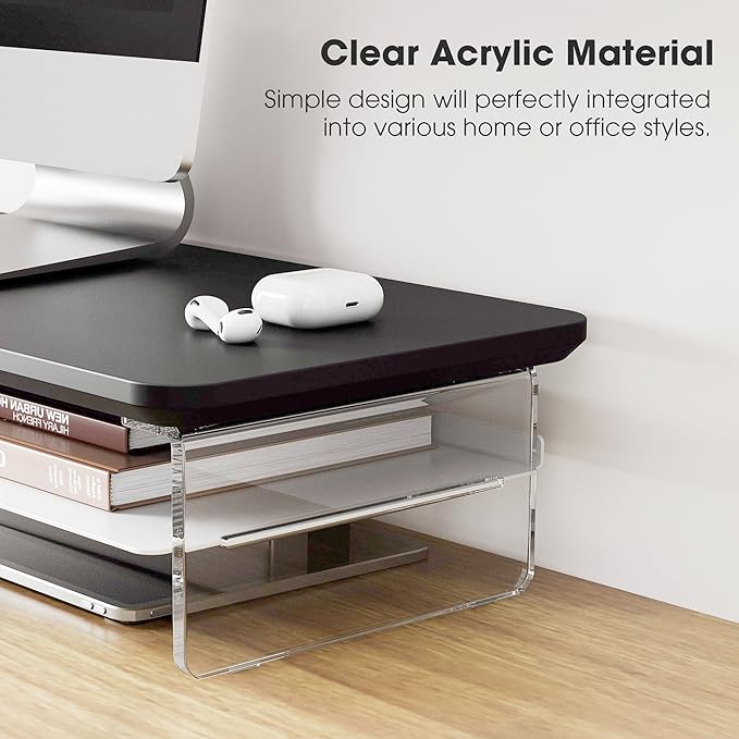 Fenge Acrylic Monitor Stand Riser, 23.6 Inches Monitor Stand with Metal Storage, 2 Tier Acrylic Computer Riser for Desk, Clear Laptop Stand for PC, Laptop, Printer, TV